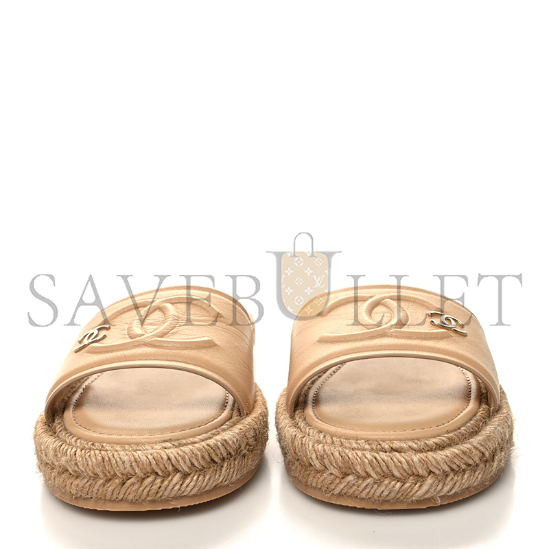 CHANE LAMBSKIN CC EMBOSSED ESPADRILLE MULE SANDALS BEIGE G39778